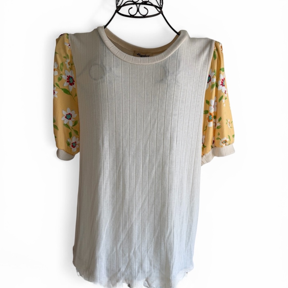 Women’s Cream Ribbed Blouse with Yellow Floral Puff Sleeves- Size 1X, Never Worn